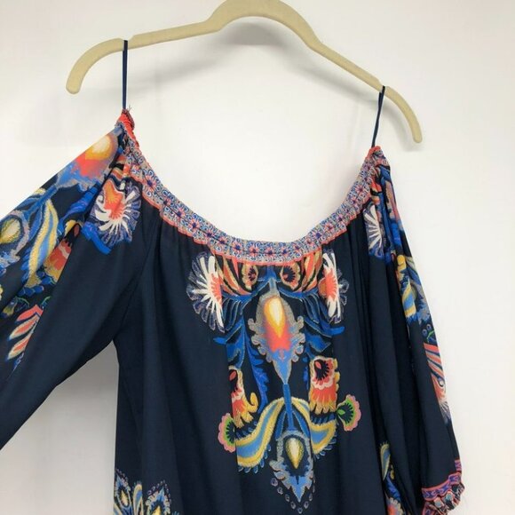 Jealous Tomato navy coral boho printed off shoulder blouse XS - Picture 2 of 11